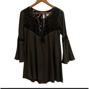Cleobella Lili‎ Bohemian Hippie Bell Sleeve DeepV Mini Dress in Gunmetal Gray S